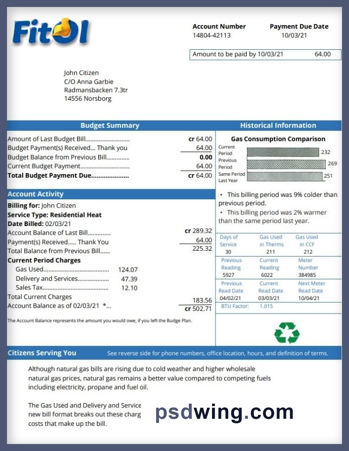 Sweden Fitol Gas Utility Bill